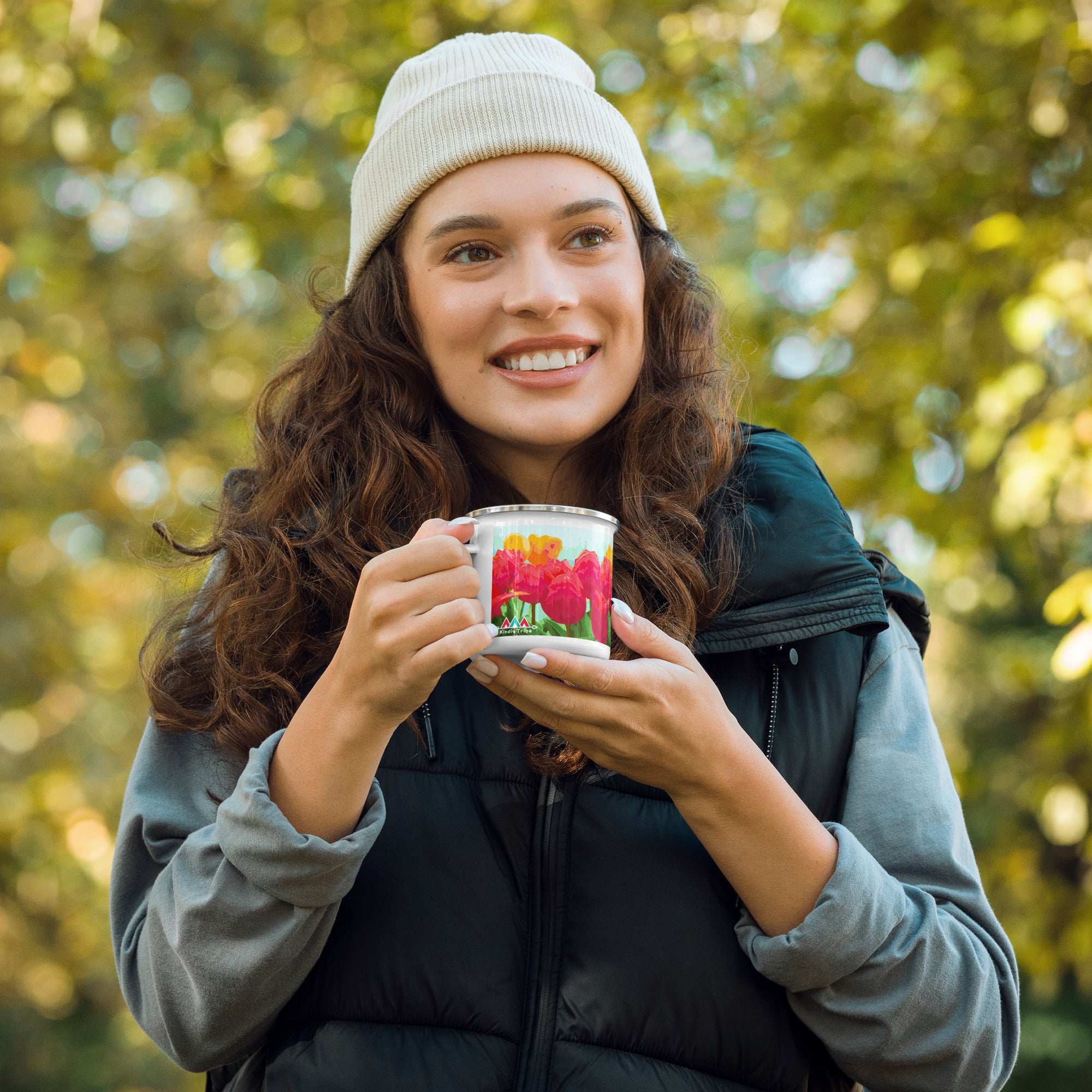 12 oz Enamel Mug with Tulips Pattern.